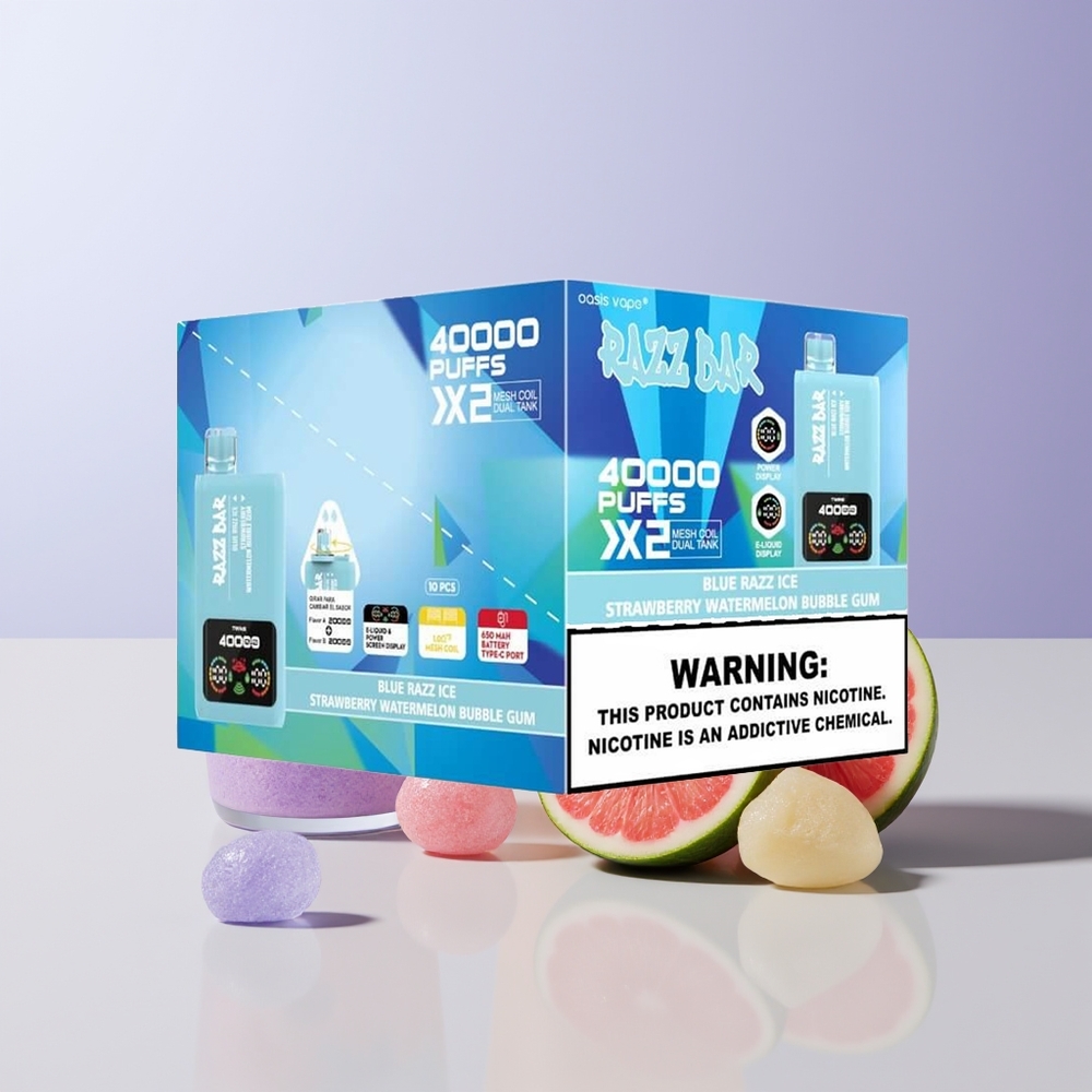 Razz Bar 40000 Puffs Vape Desechable Blue Razz Ice-Fresa Sandía Chicle Burbuja Pantalla de Potencia Chile Por Mayor
