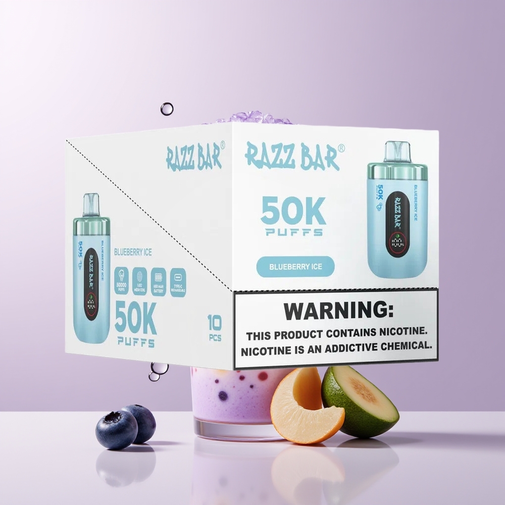 Razz Bar 50K Puffs Vape Disposable Arándano Azul Hielo 2% Nicotina Chile Por Mayor
